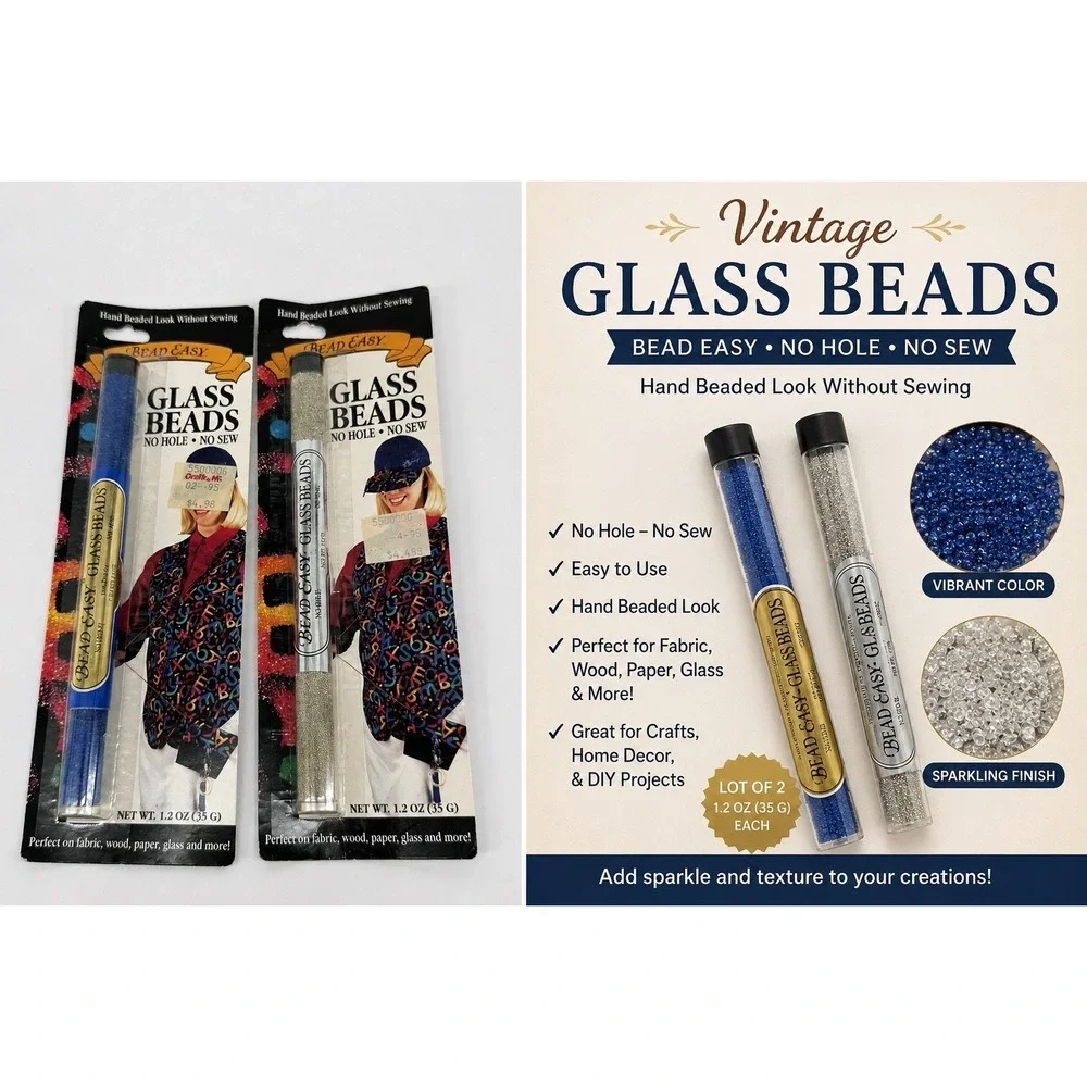 Vintage Bead Easy Glass No Hole Beads Lot Blue Silver NOS Craft Embellishment
